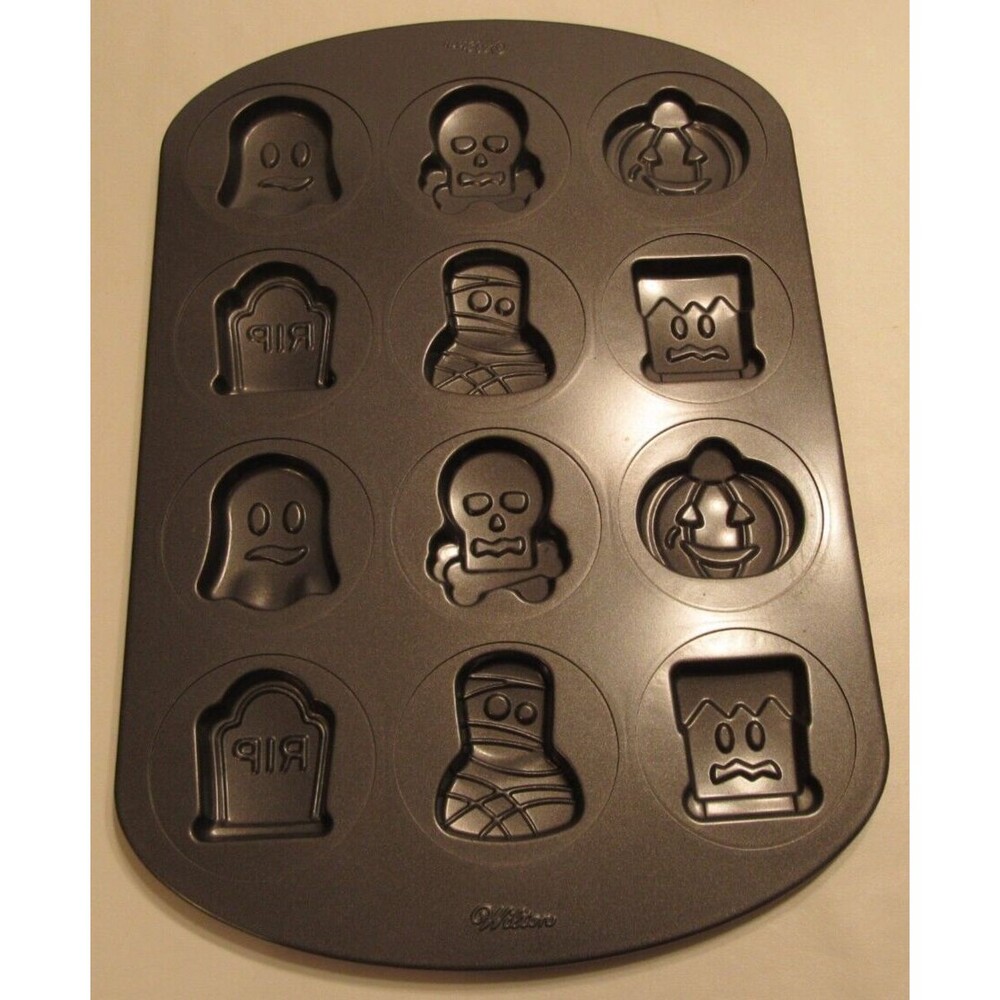 Wilton Halloween 12 Cavity 6 Designs Non-stick Cookie Pan Ghost/Skull/RIP & More